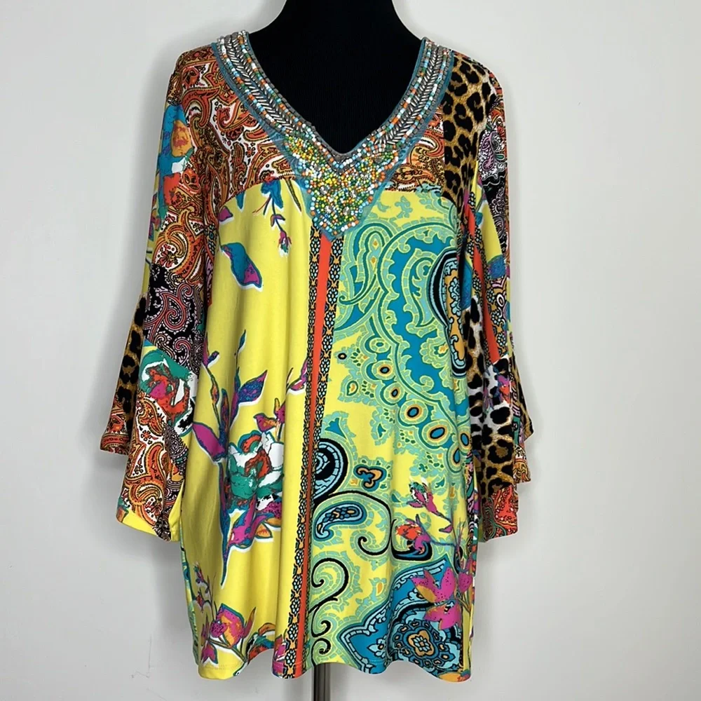 MELISSA PAGE Embellished Print Bell Sleeve Top S - Picture 1 of 8